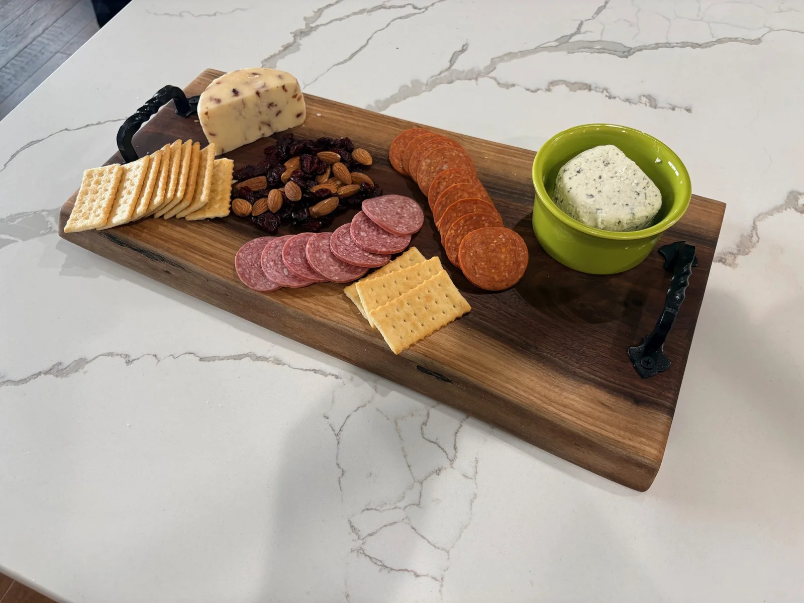 Handcrafted Walnut Serving Board with Iron Handles
